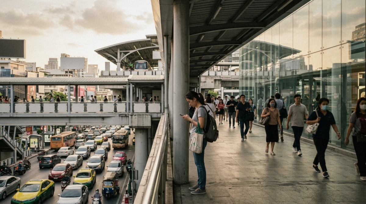 Elevated BTS Siam skywalk exit with commuters walking toward Siam Square, the starting point for a massage near Siam Paragon